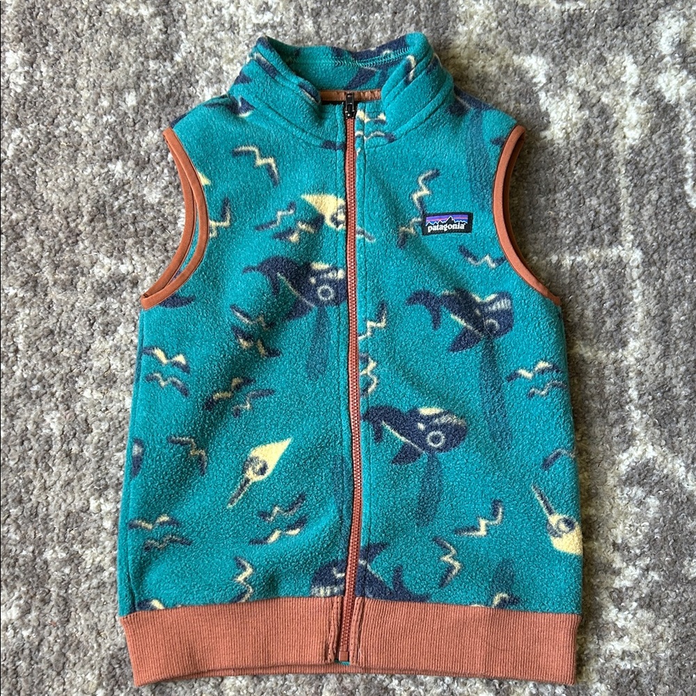 Patagonia Teal and Brown Kids' Fleece Vest with Fish/Whale-like Pattern
